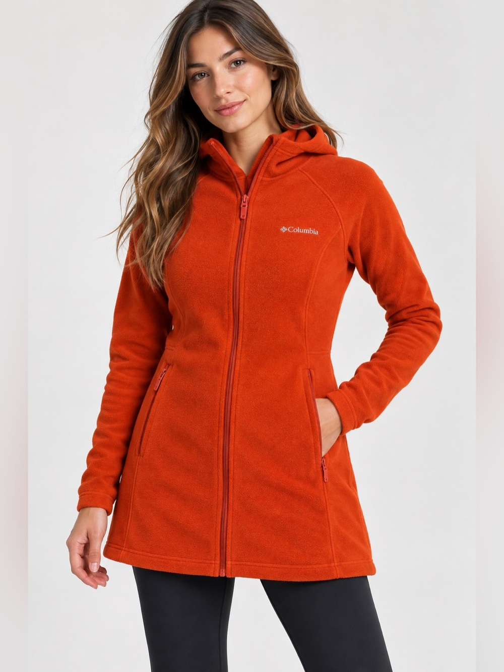Columbia Women’s Long Fleece Hooded Jacket Full Zip Orange Size S